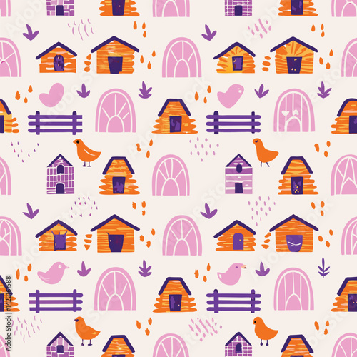 Country Style Pastel Rustic Barns Pattern
