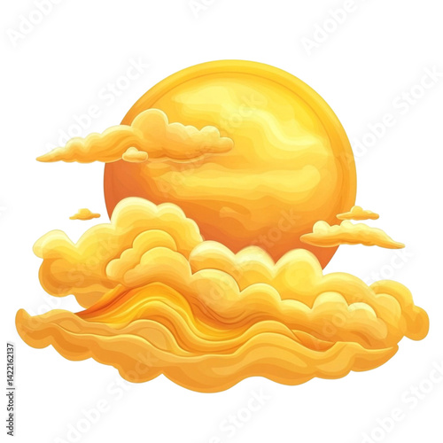 Golden sun behind fluffy yellow clouds a vibrant sunset scene
