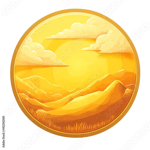 Golden sun desert landscape circular art vibrant yellow hues