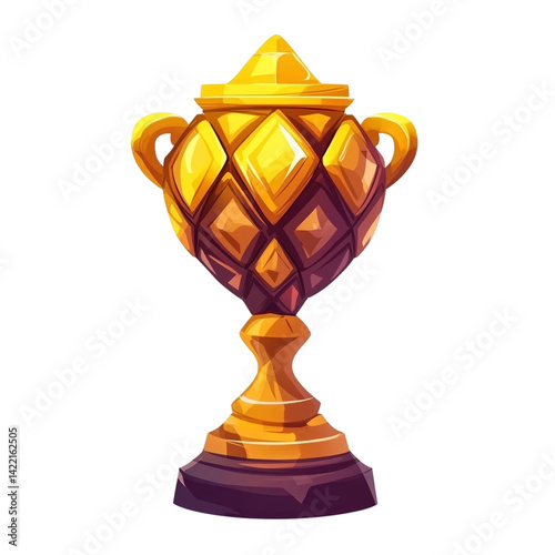 A golden trophy with a unique design sits on a dark base it looks like a winners prize