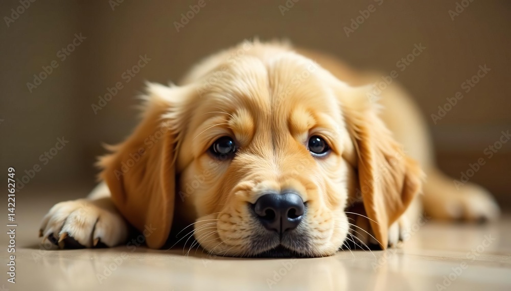 Golden retriever puppy lies down, head tilted , eyes, small Golden retriever puppy lies down, head tilted , eyes, small