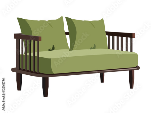 Wooden sofa with green cushions and modern design