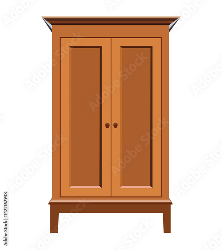A simple wooden wardrobe with two doors and knobs