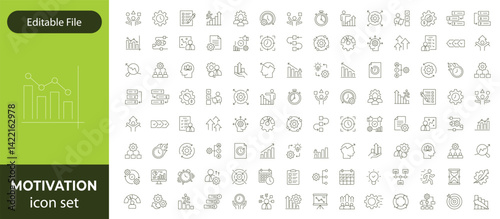 Motivation line editable icon set. Containing personal growth, goal setting, perseverance, achievement, teamwork, passion, thumbs up, and more. Vector illustration