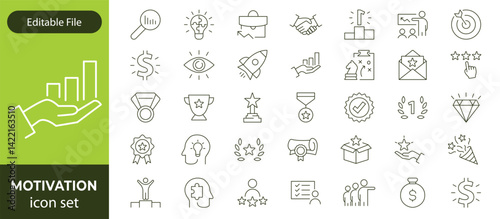 Motivation line editable icon set. Containing personal growth, goal setting, perseverance, achievement, teamwork, passion, thumbs up, and more. Vector illustration