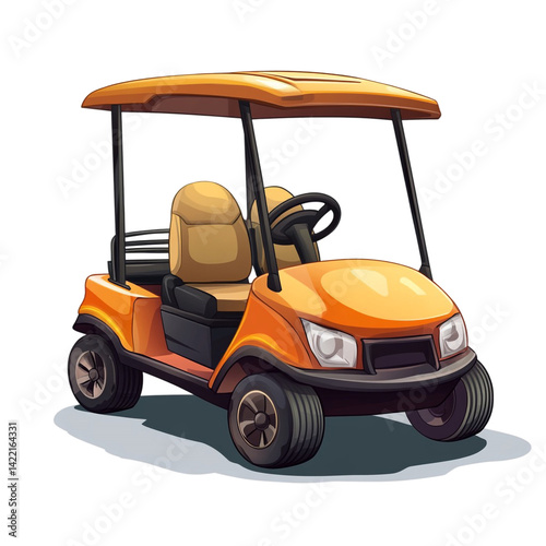 Orange golf cart with tan seats and a sunshade ready for a sunny day on the course
