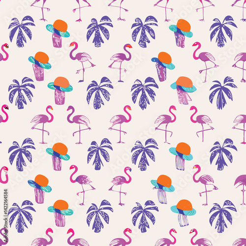 Vacation Themed Pastel Flamingos Pattern