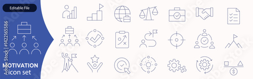 Motivation line editable icon set. Containing personal growth, goal setting, perseverance, achievement, teamwork, passion, thumbs up, and more. Vector illustration