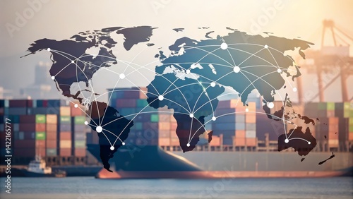 A world map overlay on shipping containers, symbolizing global trade and connectivity in a port setting.