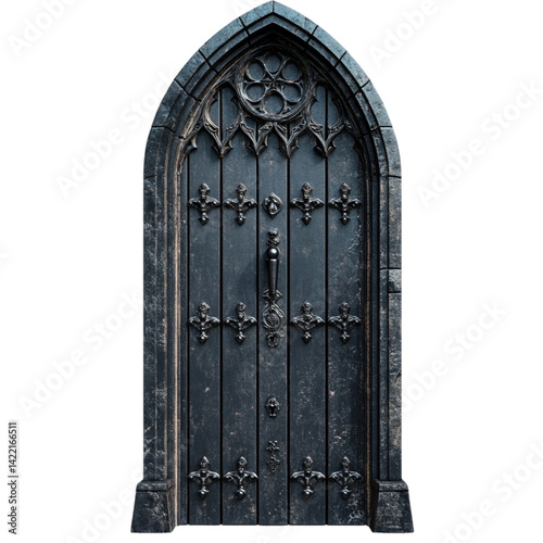 Gothic arched door dark wood stone frame intricate details old weathered