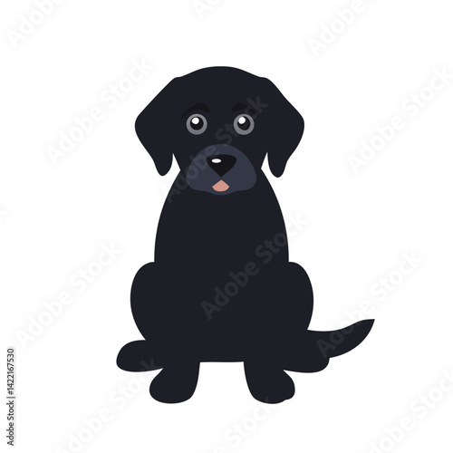 Cartoon black dog sitting in a playful pose, exhibiting a friendly expression and bright eyes in a simple background