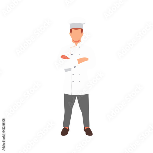 Chef wearing a traditional uniform standing confidently in a professional kitchen setting during daytime