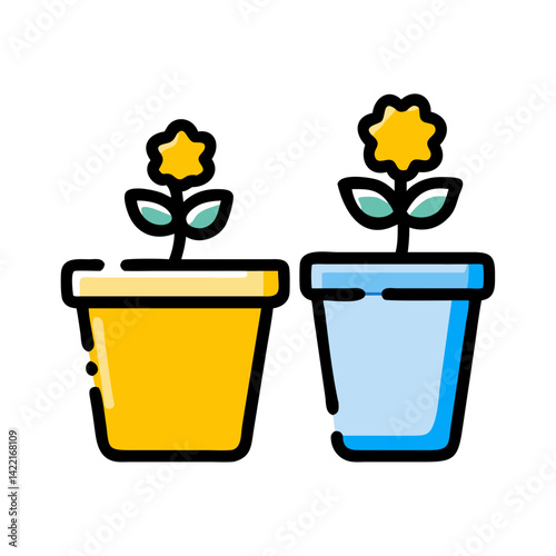 Colorful pots with flowers placed on a clean surface in a bright setting during daytime