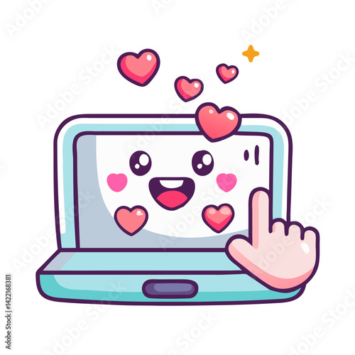 Digital expression of joy and affection with a smiling laptop and floating hearts in a modern design