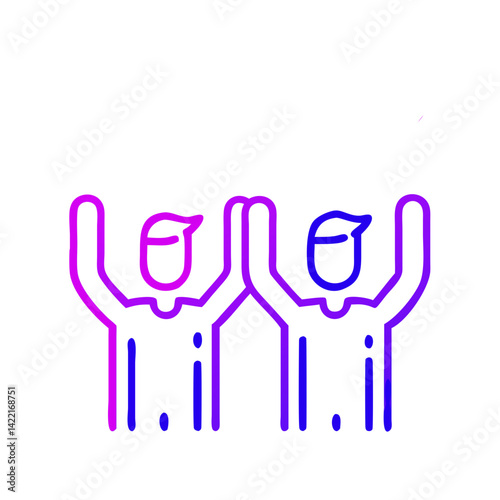 Two individuals celebrating joyfully with raised hands in a colorful, modern design, embodying a sense of happiness and camaraderie