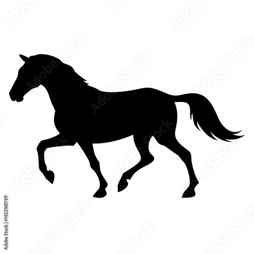 Black silhouette of a horse trotting across a plain background during daylight