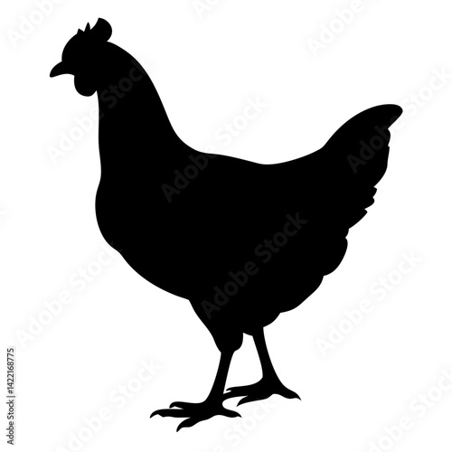 Black silhouette of a chicken standing on a solid background in a simple and minimalist style