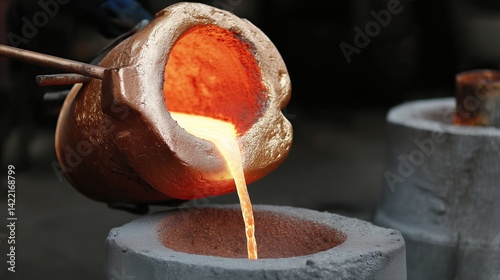 Molten metal being poured from crucible into mold in foundry setting heat and process photo