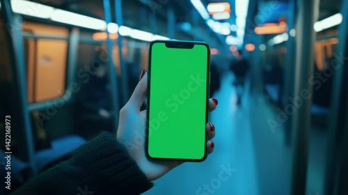 Wallpaper Mural Hand Holding Smartphone with Green Screen in Subway Torontodigital.ca