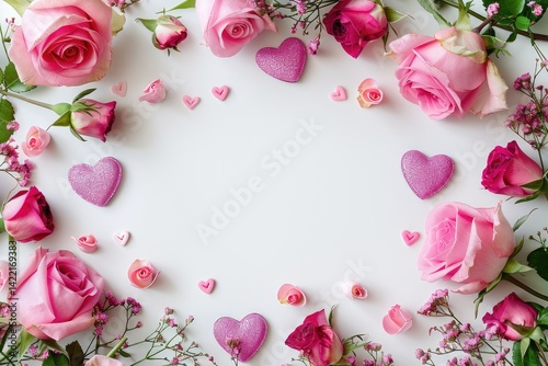 flat lay frame with pink and white roses branches leaves and petals isolated on white background top view : Generative AI