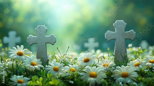 Serene Field of Daisies and Crosses Grave Markers in a Peaceful Memorial Garden Landscape Image