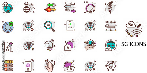 5G simple concept 24 color icons set. Contains such wireless, glow, infrastructure, speed, media, network .Vector illustration.