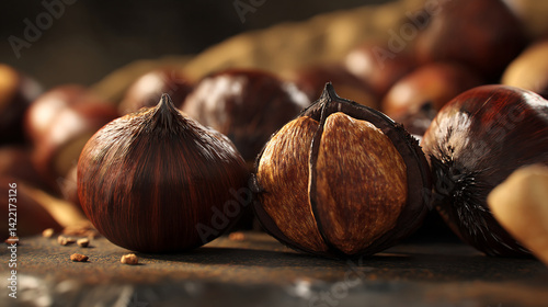 Roasted sweet chestnuts peeled close-up glow