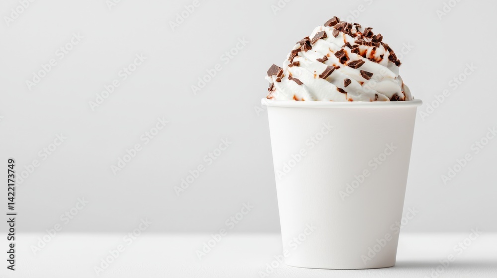 Chocolate-Themed Ice Cream Tub with Whipped Cream and Chocolate Shavings on White Background