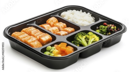 Bento box with rice salmon and vegetables in plastic container on white background. Generative AI