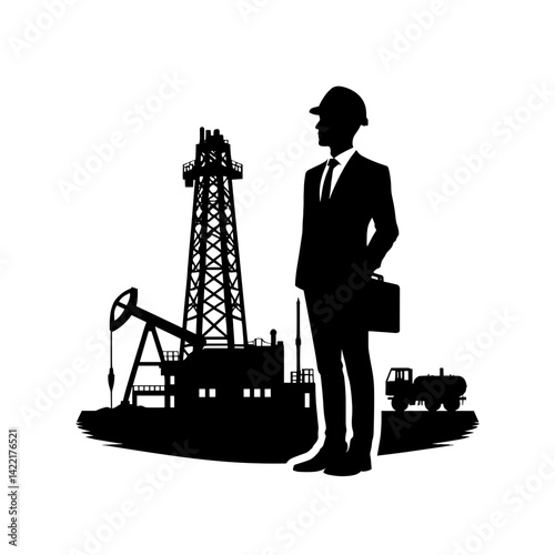 Businessman at an oil rig site in silhouette against white background  