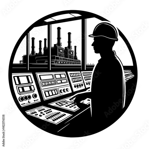 Worker controlling machinery in industrial facility background  
