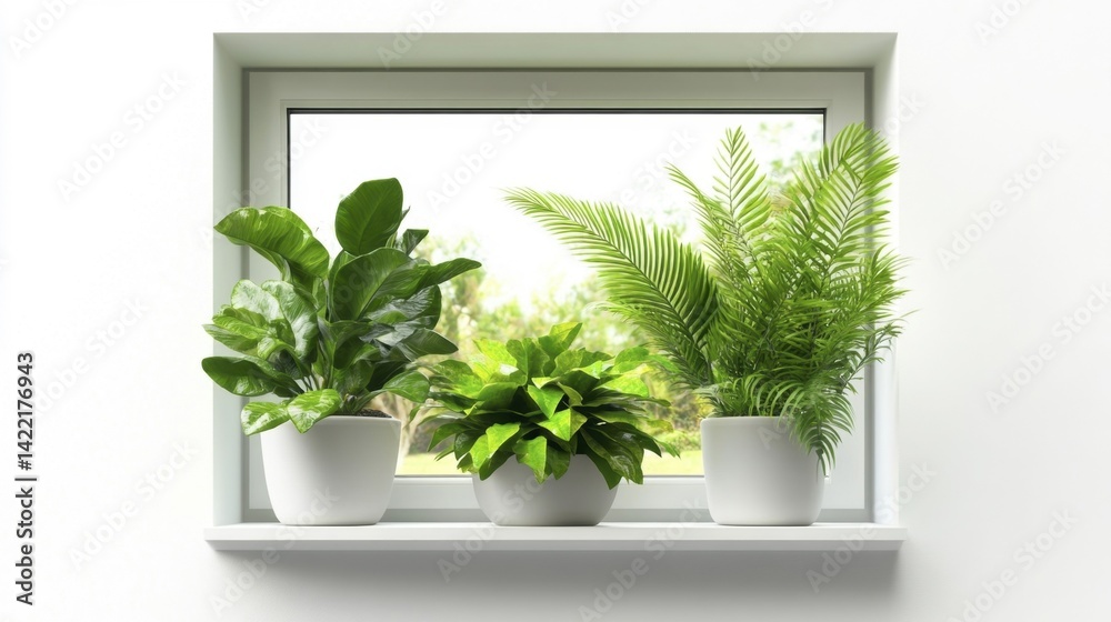 Fototapeta premium Green plants in white pots on a window sill with double glazing and isolated white background. Generative AI