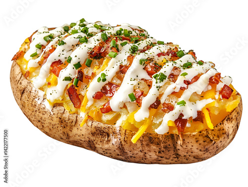 A delicious loaded baked potato topped with cheese, bacon, and sour cream, garnished with fresh chives.