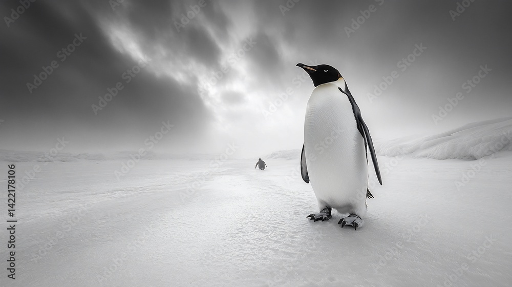 Naklejka premium Monochromatic Majesty: Emperor Penguin in the Antarctic Wilderness Scenery