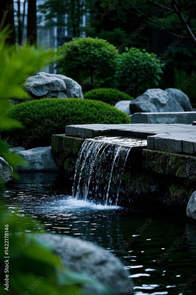 Naklejka premium there is a waterfall flowing down a stone walkway in a garden