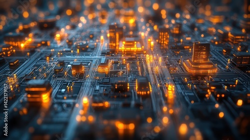 Futuristic city on a circuit board.