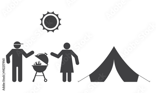 tourist man and woman with grill and tent icon