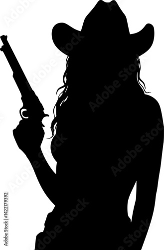 Silhouette vector of a female in cow girl costume holding a pistol gun.	