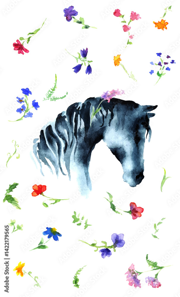 Watercolor or ink hand drawn horse head with wild flowers on white. Hand painting beauty romantic Japanese style vector silhouette.