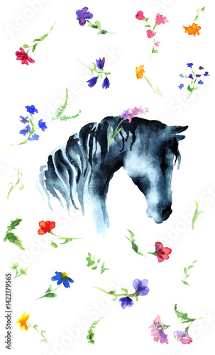 Obraz na płótnie Watercolor or ink hand drawn horse head with wild flowers on white. Hand painting beauty romantic Japanese style vector silhouette. w salonie