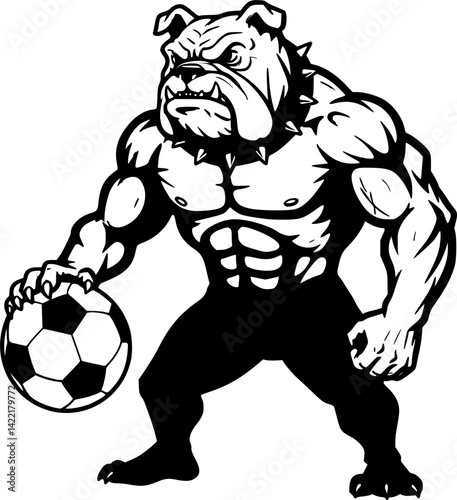  Bulldog Guardian with Soccer Ball: A muscular bulldog stands poised, gripping a soccer ball, exuding strength and determination, perfect for representing sports teams or themes of power.