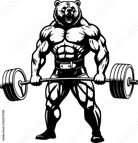 Powerlifter Bear: A muscular bear stands confidently, poised to lift a heavy barbell, embodying strength, determination, and the spirit of pushing limits.	