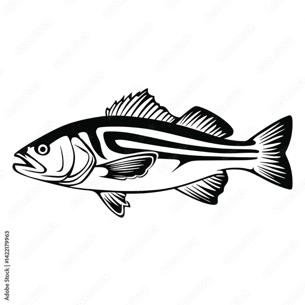 Stylized Black and White Fish Illustration with Bold Patterns