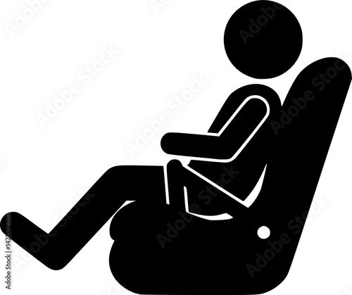 Child in Car Seat Icon: A simple yet effective black icon depicting a child securely seated in a car seat, emphasizing safety and protection.	
