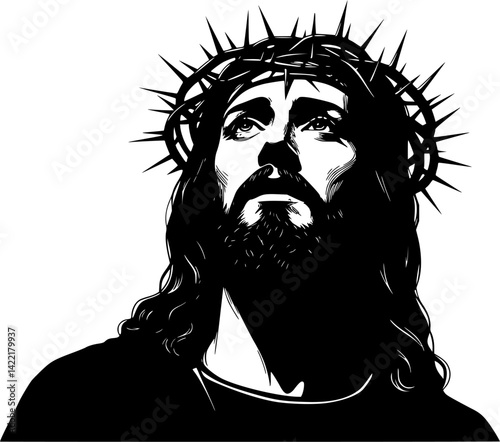 A Gaze of Faith: A striking monochrome portrait depicts Jesus, crowned with thorns, gazing heavenward with an expression of serene devotion and unwavering faith.	
