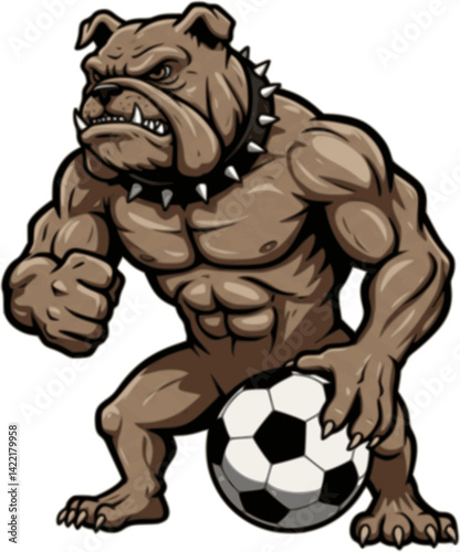  Bulldog Guardian with Soccer Ball: A muscular bulldog stands poised, gripping a soccer ball, exuding strength and determination, perfect for representing sports teams or themes of power.