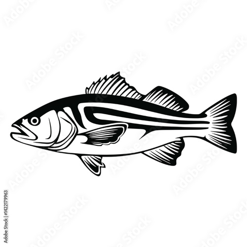 Obraz na płótnie Stylized Black and White Fish Illustration with Bold Patterns w salonie