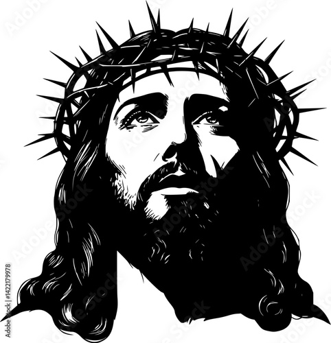 A Gaze of Faith: A striking monochrome portrait depicts Jesus, crowned with thorns, gazing heavenward with an expression of serene devotion and unwavering faith.	