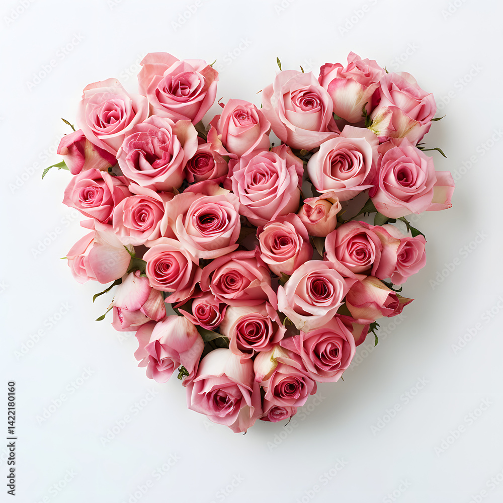 Pink roses arranged in heart shape for Valentine's or love message on white backdrop. Pink roses arranged in heart shape for Valentine's or love message on white backdrop.