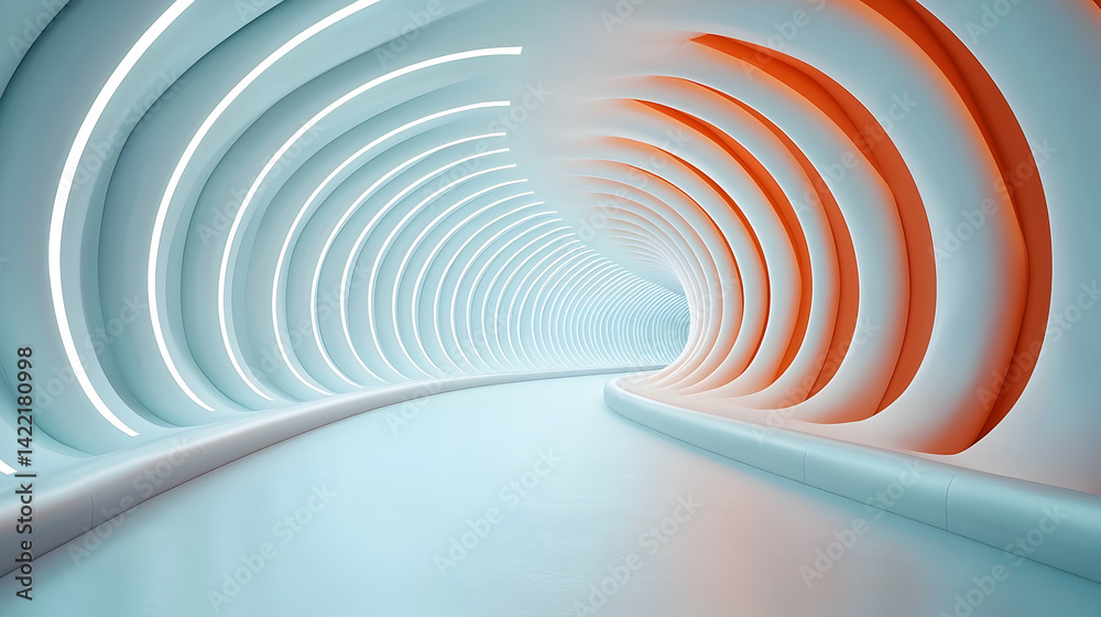 Fototapeta premium Hyperspace Tunnel Simulation: Abstract 3D Render of a Futuristic White and Orange Corridor